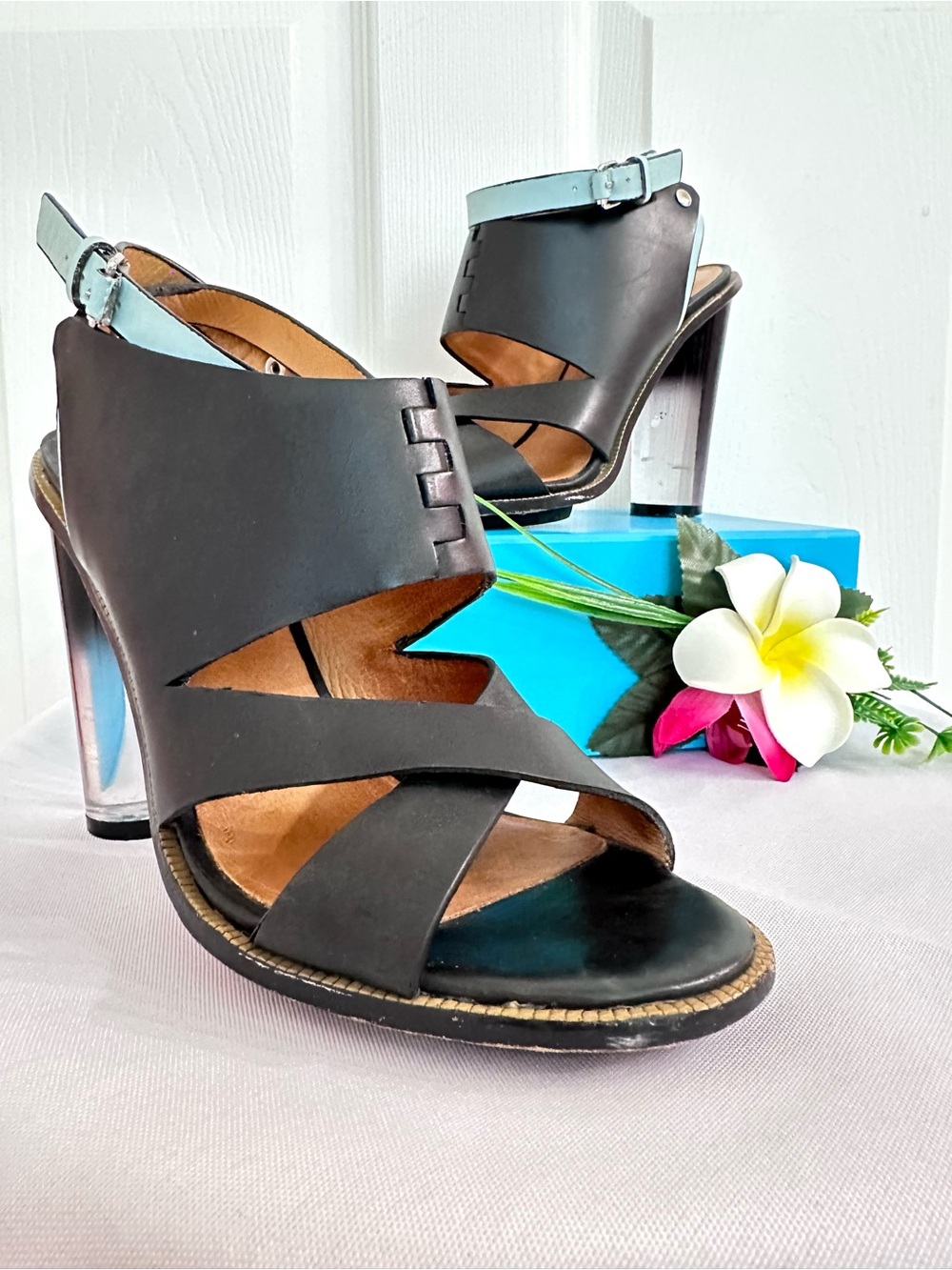 L.A.M.B. ~ Black and Light Blue Leather 4.25” Acrylic Heel Peep-Toe Sandals